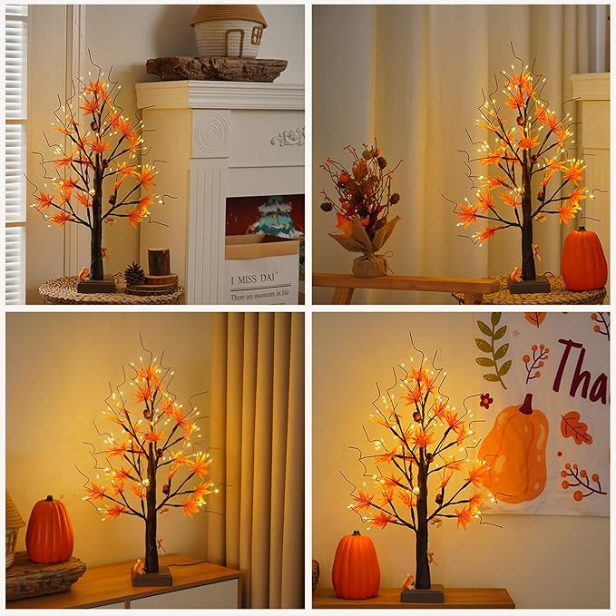 24” 72 LED Fall Decorations for Home, Birch Tree Lighted Fall Maple Leaves Artificial Tree LEDs Autumn and 3 Squirrel,Acorn Ornaments USB/3AA Battery Timer for Gifts Thanksgiving Indoor