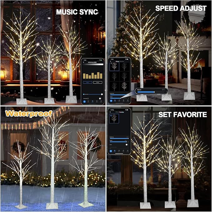 3PACK Lighted Birch Tree 4FT 5FT and 6FT, Smart White Christmas Tree with Lights with APP Home Decor, Warm White, Timing, Dimmer, Group Control, Music Sync, Holiday Decor Indoor/Outdoor Use