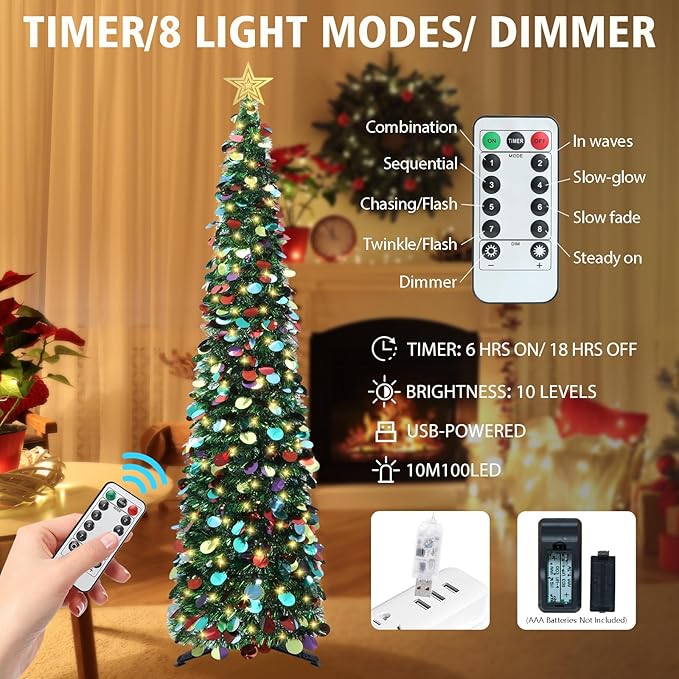 HMASYO 6 FT Pop Up Christmas Tree with 100 LED Lights & Remote, Green Christmas Tinsel Tree, Collapsible Artificial Pencil Tree for Home Office Party Decor, USB Powered Timer Lights, Easy Assembly