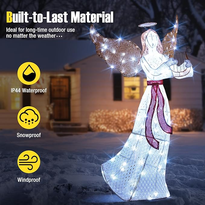 Tangkula 5 FT Outdoor Christmas Lighted Angel, Xmas Yard Pre-Lit Angel with Harp, Halo & 120 Cold White LED Lights, Ground Stakes & Zip Ties Included, Winged Holiday Figure for Indoor & Outdoor