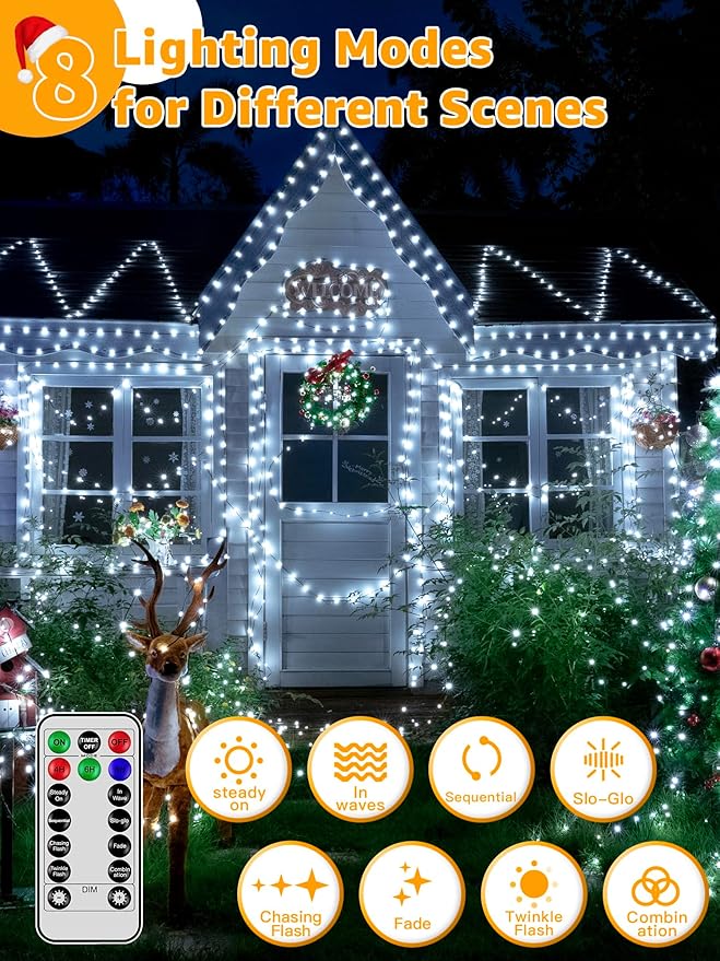 600 LED 196 FT Christmas Lights, Waterproof String Lights with Remote and Timer, Christmas Tree Lights with 8 Modes Dimmable, Fairy Lights for Holiday Decor (Cool White)