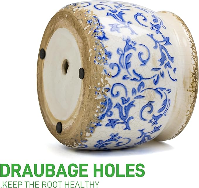 Vintage Ceramic Ice Crack Flower Pot with Drainage Holes, Country Rustic Planters for Indoor and Outdoor,Tuscan Decor,Home,Living Room, Garden Decor, Gardening Gift (Tropical)