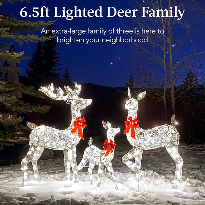 Best Choice Products 6.5ft 3-Piece Large Lighted Christmas Deer Family Set, Outdoor Yard Decoration with 385 LED Lights, Stakes, Zip Ties - Silver