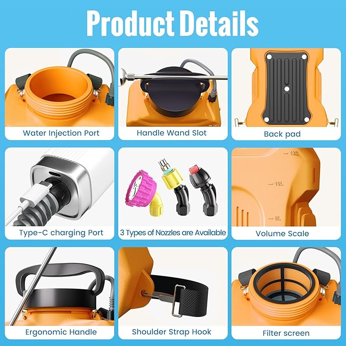 Sprayers in Lawn and Garden - 3.6 Gallon Battery Powered Sprayer with Pump, Telescopic Wand,Water Hose Nozzle - Portable Yard Sprayer for Weed Control, Fertilizing, Watering（Oranger）