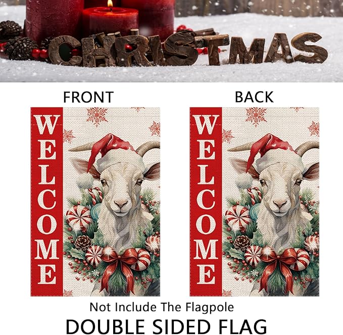 Christmas Garden Flag Welcome Xmas Goat Winter Holiday Decorations Burlap Vertical Double Sided Farmhouse Yard Lawn Outdoor Decor 12.5 x 18 Inch