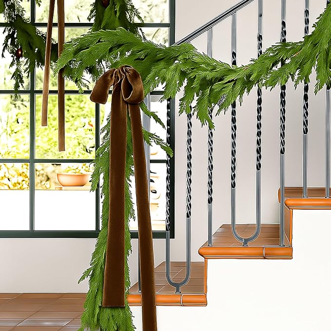 Janinka 6 Pcs Light Brown Velvet Christmas Swag Bow 31.5 x 23.6 inch Large Neutral Christmas Ornament Vintage Rustic Velvet Staircase Wreath Bows Xmas Tree Topper Bows Large Bow for Outdoor