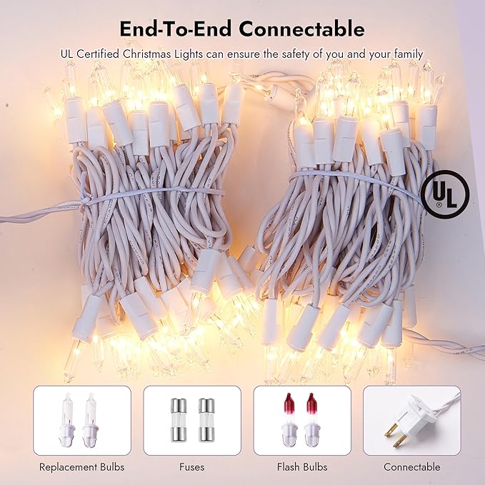 Christmas Lights Clear White 70 Count Incandescent Light UL Certified Connectable Christmas Tree Lights with White Wires for Indoor Outdoor Xmas, Wedding, Holiday, Party, Home Decorations