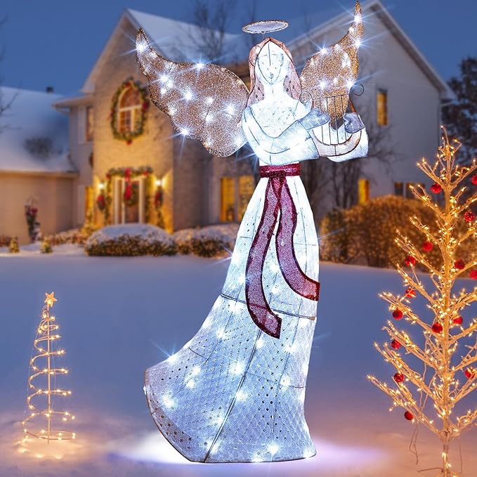 Tangkula 5 FT Outdoor Christmas Lighted Angel, Xmas Yard Pre-Lit Angel with Harp, Halo & 120 Cold White LED Lights, Ground Stakes & Zip Ties Included, Winged Holiday Figure for Indoor & Outdoor