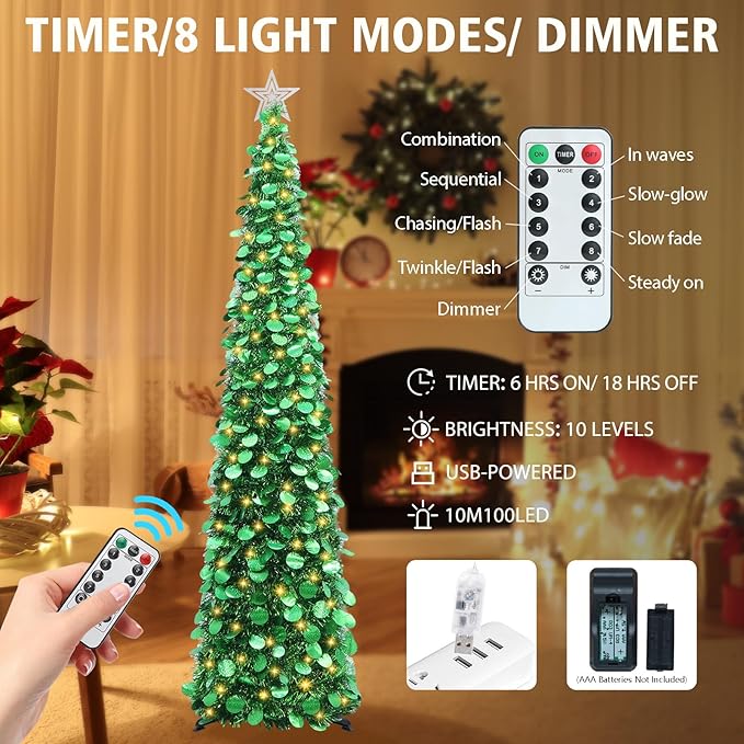 HMASYO 6 FT Pop Up Christmas Tree with 100 LED Lights & Remote, Green Christmas Tinsel Tree, Collapsible Artificial Pencil Tree for Home Office Party Decor, USB Powered Timer Lights, Easy Assembly