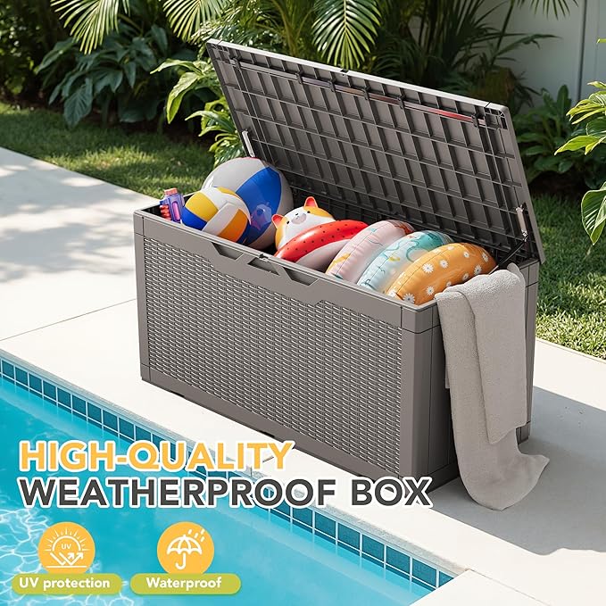 Greesum 100 Gallon Resin Deck Box Lockable Large Outdoor Storage Boxes for Garden Tools, Patio Furniture Cushions, Pool Supplies, Light Coffee