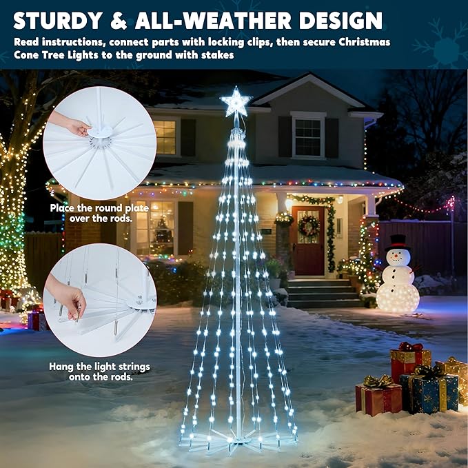 JOIEDOMI LED Christmas Cone Tree Lights, 6FT Outdoor Lighted Tree with 8 Lighting Modes & Star Topper, Christmas Decorations for Yard Porch Patio Garden Holiday Decor, Cool White