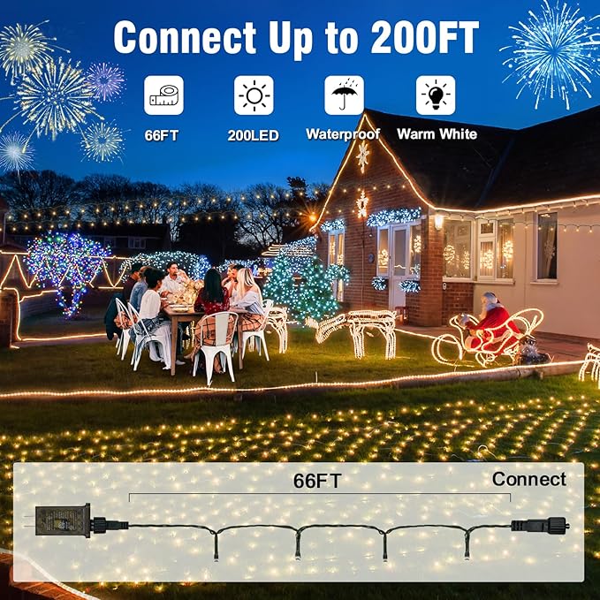 Nisocy 66FT LED String Lights Outdoor Waterproof – Warm White Fairy Lights with Plug, Connectable Christmas Tree Lights for Patio, Garden, Bedroom, Wedding, Party, Decor