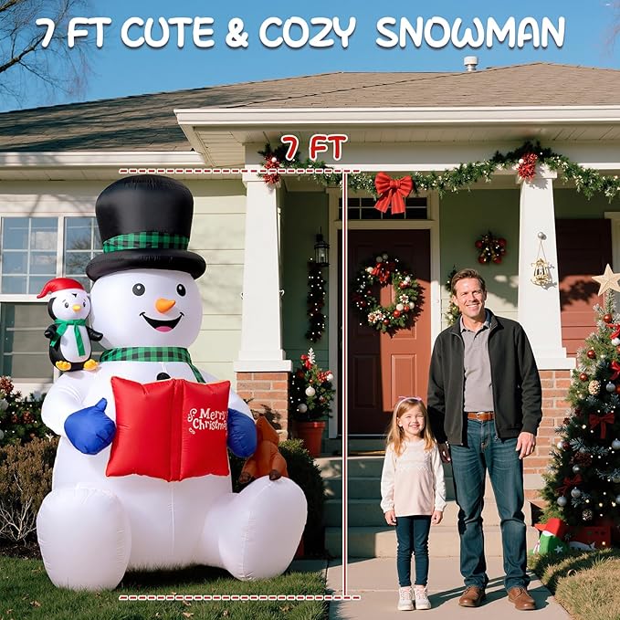 Dawdix 7 FT Christmas Inflatable Snowman Outdoor Decorations, Blow up Snowman Yard Decor Built-in Colorful Rotating LED, Penguin & Reindeer Christmas Decoration, Xmas Holiday Decor for Garden Lawn