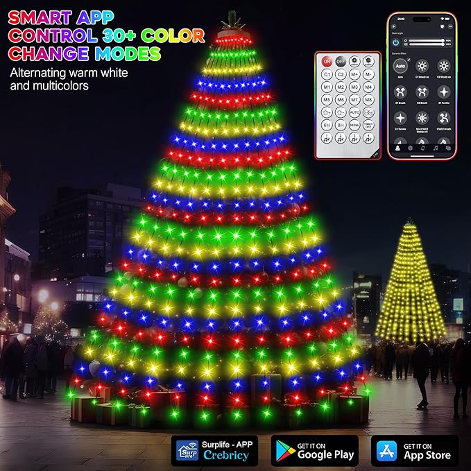 30+ Modes Ring Christmas Tree Lights Indoor Outdoor - 6.56Ft x 12 Lines 288 LED Easy App Control Color Changing Timer Remote Waterproof for 6 7 Ft Xmas Trees (Warm White to Multicolor)