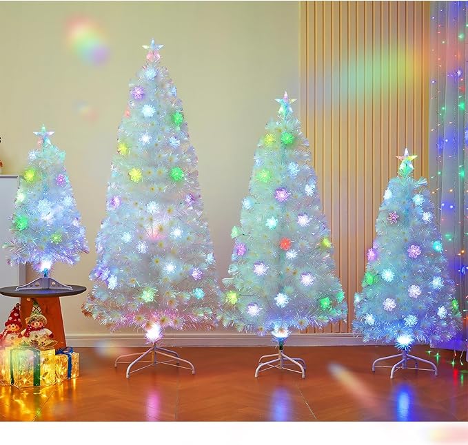 Juegoal 6ft Pre-Lit Artificial Christmas Tree, Lighted Optical Fiber Xmas Trees with Color Changing LED Lights, Snowflakes & Top Star, Party Home Holiday Fake Multicolored Tree with Metal Legs, White