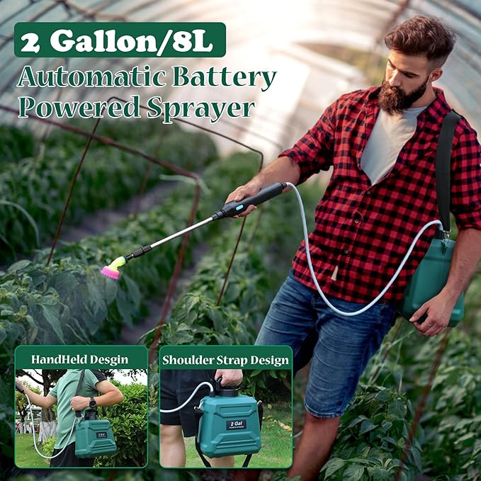 Battery Powered Sprayer 2 Gallon, Powerful Electric Garden Sprayer with 3 Mist Nozzles, USB Rechargeable Handle, Retractable Wand and Adjustable Shoulder Strap for Irrigation, Weeding (Green)