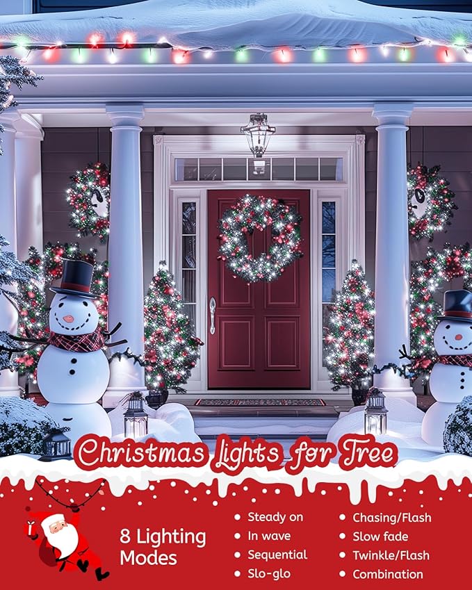 Minetom Red Green White Christmas Lights, 66ft 200 LED Outdoor Christmas Tree Lights with Remote, 8 Modes String Lights Plug-in Mini Xmas Tree Lights with Timer for Outside Party Decor