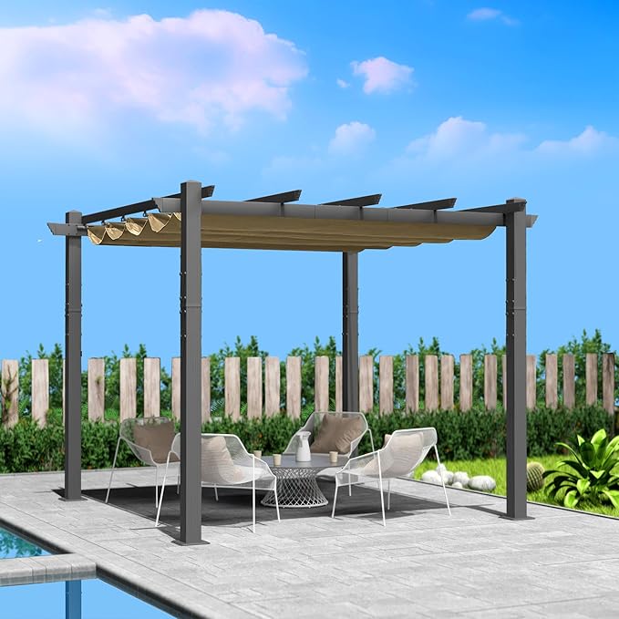 Kozyard Morgan Outdoor Retractable Pergola with Sun Shade Canopy Patio Aluminum Pergola Shelter for Backyard Deck Garden Modern Metal Grill Gazebo (10' x 10', Beige)