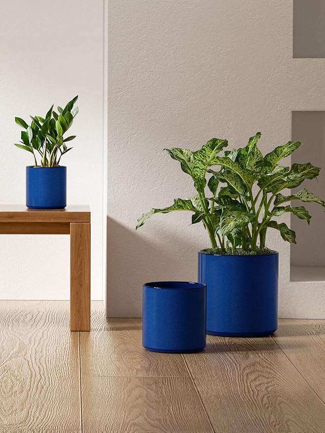 LE TAUCI Ceramic Plant Pots Indoor, 10+8+6 Inch Planters for Indoor Plants, Mid-Century Modern Flower Pots with Drainage Hole and Plug, Cylinder Round Planters, Set of 3, Sapphire Blue