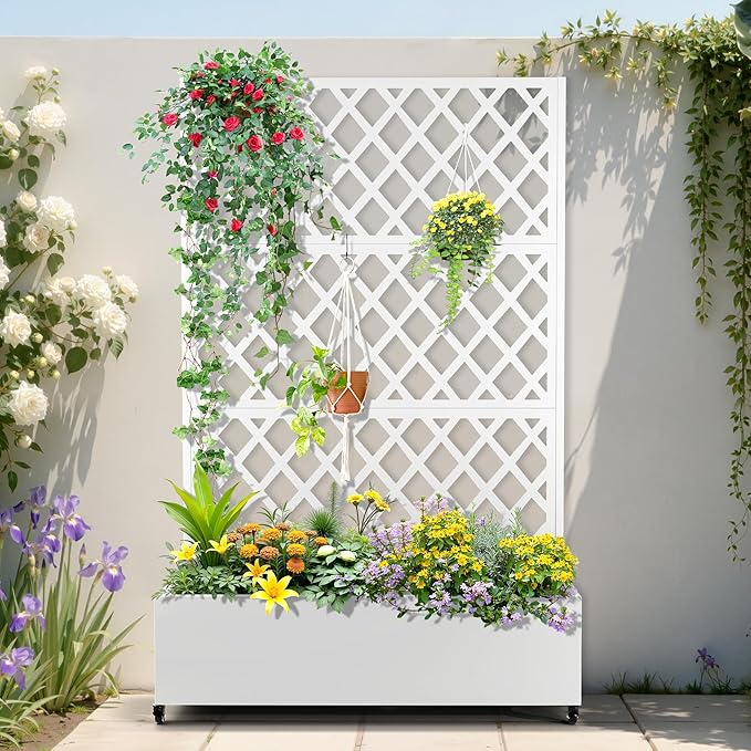 Metal Planter Box with Trellis, Planter Box with Privacy Screen, Privacy Trellis Outdoor for Climbing Plants with Drainage Holes, Raised Garden Bed with Wheels