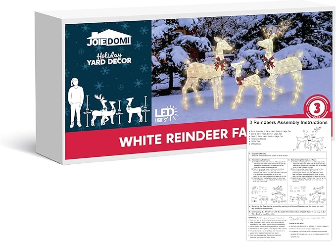 Joiedomi 3 Packs Christmas Decoration Deer Family, 360 Warm White LED Lighted Reindeers Yard Lights, Christmas Outdoor Decorations for Yard Garden Lawn, Xmas Decor, White Deer