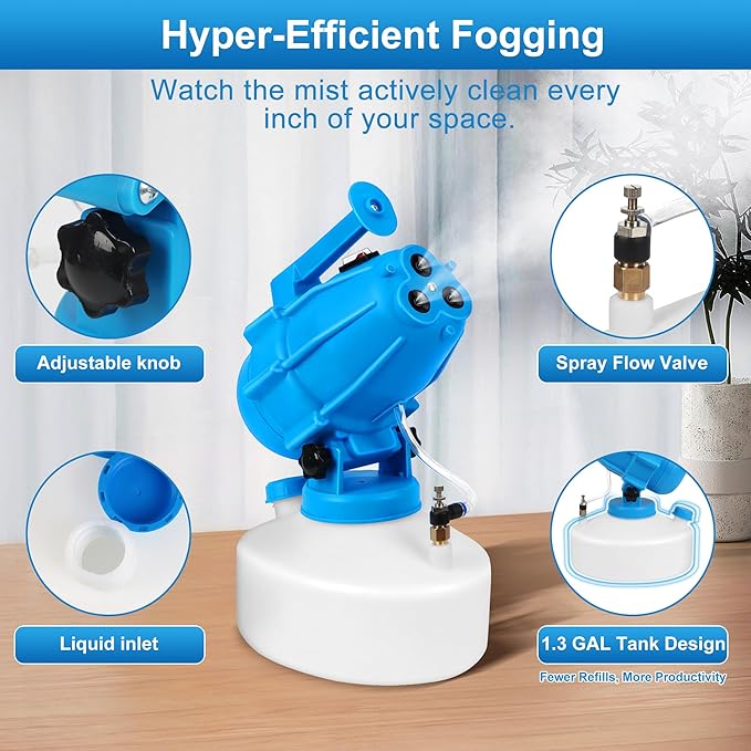 5L (1.3 Gallon) Electric ULV Fogger Sprayer Machine with 3 Nozzles, Portable Cold Fogger with Adjustable Flow Rate, 30ft Spraying Distance for Home, School, Hotel, Church, Garden, Yard