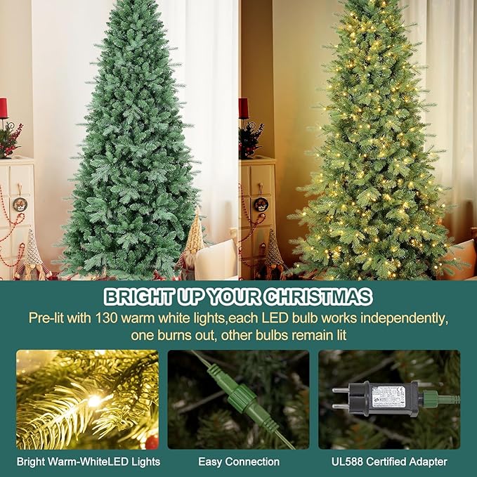 7.5 FT Prelit Artificial Skinny Christmas Tree,Blue Spruce Slim Pencil Xmas Tree with 1755 PE&PVC Mixed Branch Tips,450 UL Listed Clear Lights,Hinged Pine Tree with Metal Stand for Home Office Décor