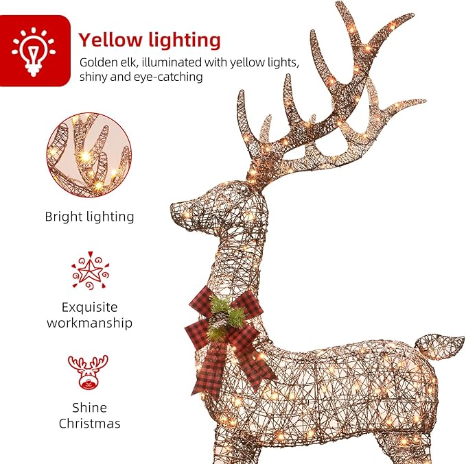 HOYECHI 6.5 FT Oversized Christmas Decorations Outdoor Lighted Reindeer – 3-Piece 3D Deer Family Set with 340 Warm White LED Lights for Yard, Lawn, Garden & Porch Holiday Display - Rattan