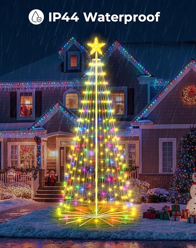 8FT Outdoor Christmas Tree Decorations Smart App Control, DIY Patterns Prelit Multicolor Outdoor Christmas Tree Light Show, Waterproof Magical String Lights with Remote Music Timer for Yard