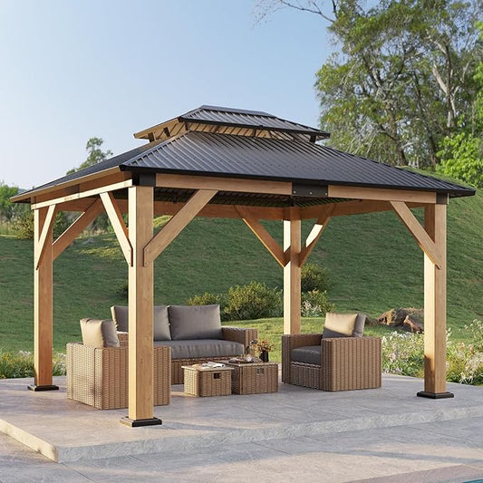 10x12 FT Wood Gazebo, Outdoor Hardtop Gazebo with Aluminum Double Roof, Outdoor Wooden Pavilion for Parties, Backyard, Patio, Lawns, Black + Natural Wood
