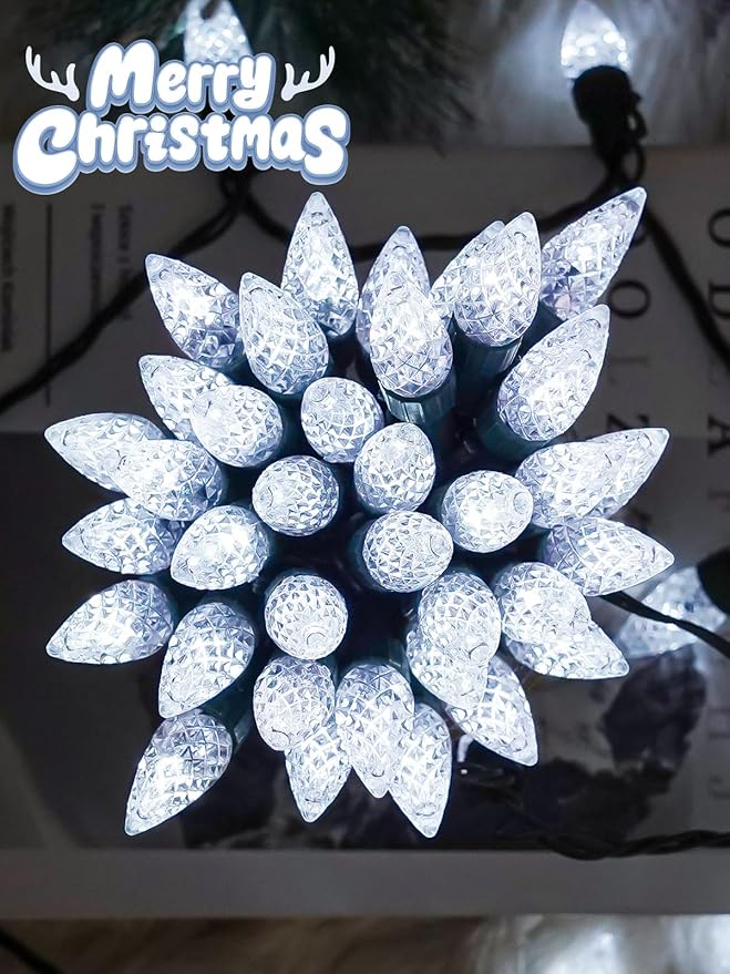 2 Pack C6 Christmas Lights Outdoor Indoor, Total 200 LED 66 FT Connectable Christmas String Lights with Timer & 13 Modes, Waterproof Twinkle Light for Xmas Tree Party Wedding Decorations (Cool White)