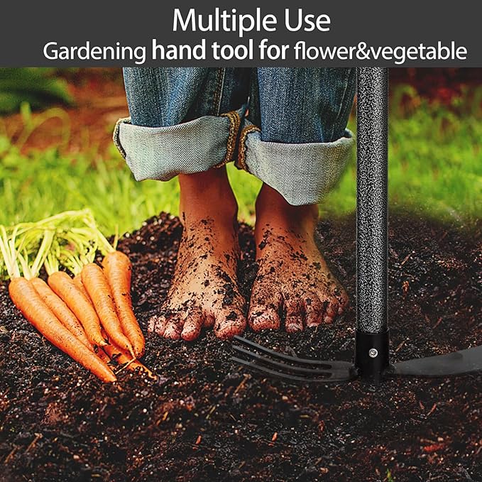 Hoe and Cultivator Gardening Hand Tools, Heavy Duty Stainless Steel Garden Hoe and 3 Fork Hand Tiller for Gardening Weeding Planting with Adjustable Handle 45 inch
