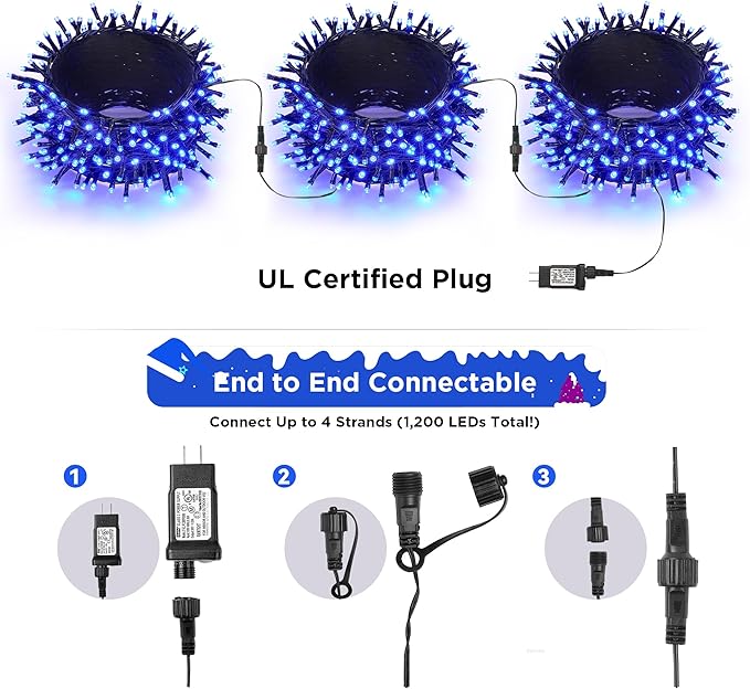 WBao Christmas Lights Indoor Outdoor 300LED 108ft, Super Bright LED Christmas String Lights with UL Certified, 8 Light Modes, Timer, Connectable & Waterproof for Trees, Patio, Xmas Party Decor, Blue