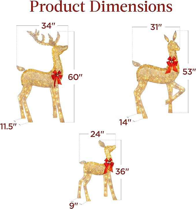 Best Choice Products 3-Piece Large Lighted Christmas Deer Family Set 5Ft Outdoor Yard Decoration with 360 LED Lights, Stakes, Zip Ties - Gold