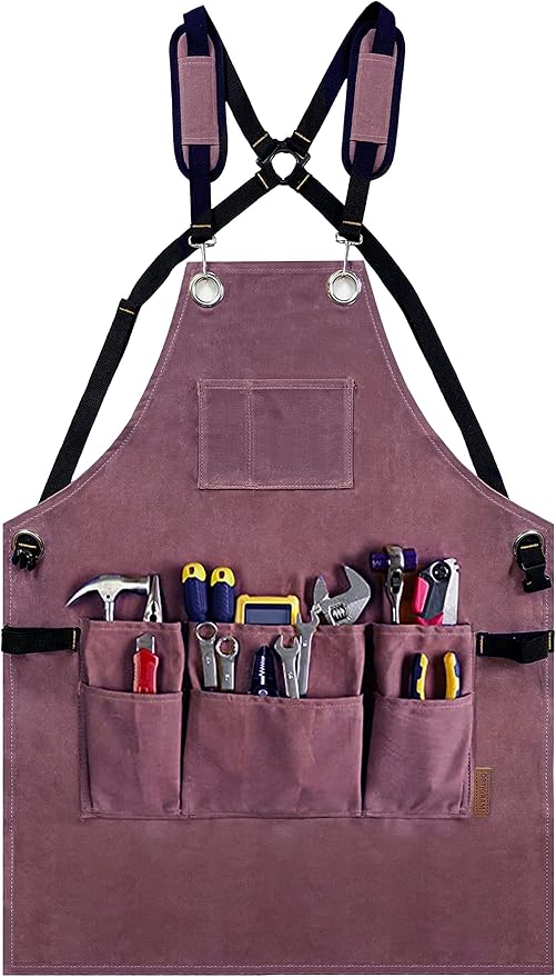 Woodworking Tool Apron, 22 OZ Waxed Canvas Durable Heavy Duty Work Shop Apron, Adjustable to Size S to XXL