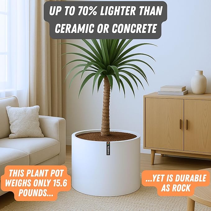 Fox & Fern 18.7 Inch Extra Large Planter — Premium Lightweight Fiberstone Matte White Plant Pot with Drainage Plug; Extra Large Planter for Indoor & Outdoor Use; Weather Resistant & UV Resistant