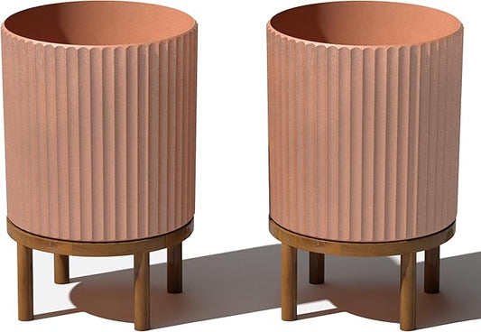 Veradek Demi Series Round Planter w/Stand for Porch/Patio | Durable Plastic-Stone Composite & Wooden Stand | Modern Décor for Tall Plants, Flowers