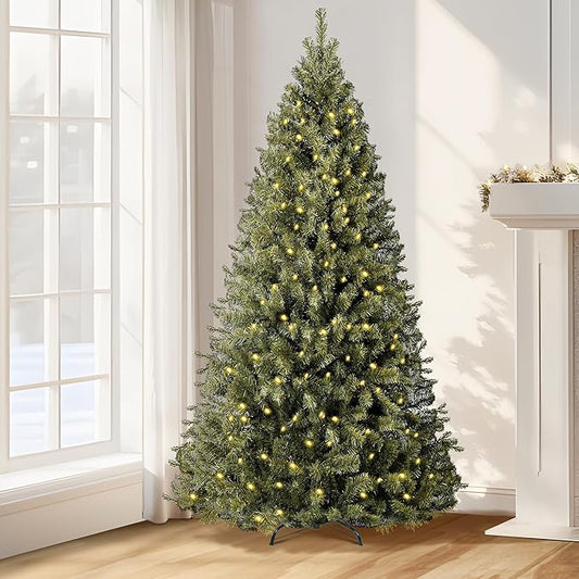 Annecy 7.5ft Pre-Lit Christmas Tree, Green Artificial Full Spruce Christmas Tree for Home, Office, Party Decoration w/ 1200 Branch Tips, 550 Warm White & Multi-Color Lights, Metal Hinges & Base,7.5 ft