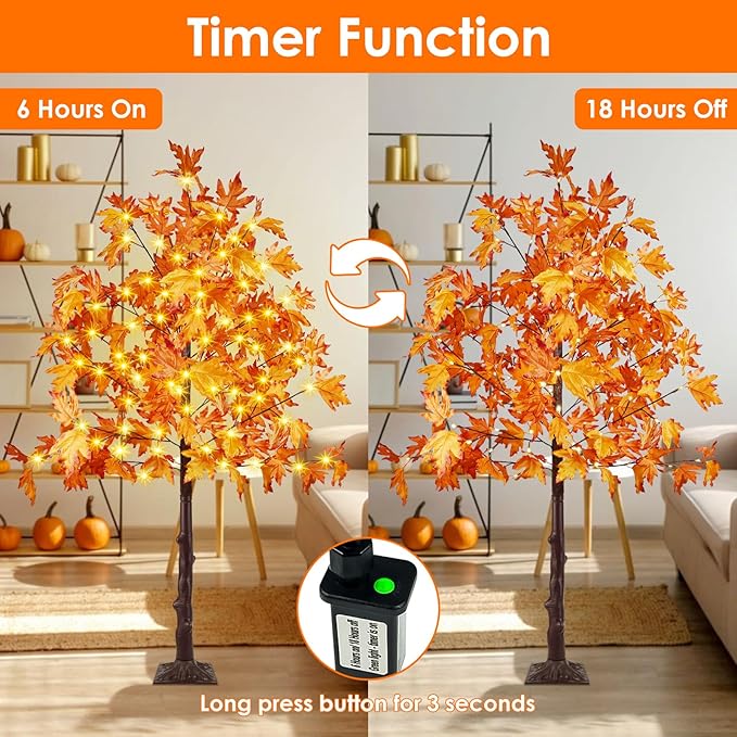 2 Pack 5FT Artificial Lighted Maple Tree, Thanksgiving Decor Artificial Tree with Timer, 200 LED Warm White Light up Fall Maple Tree for Indoor Outdoor Halloween Autumn Home Party Decoration, Orange