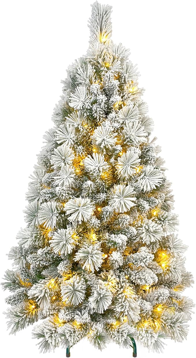 5 Ft Pre-Lit Snow Flocked Artificial Christmas Tree with 250 Warm LED Lights, Premium Holiday Xmas Tree with 518 Realistic Branch Tips, Metal Stand for Indoor Home/Office Decor (Easy Assembly)