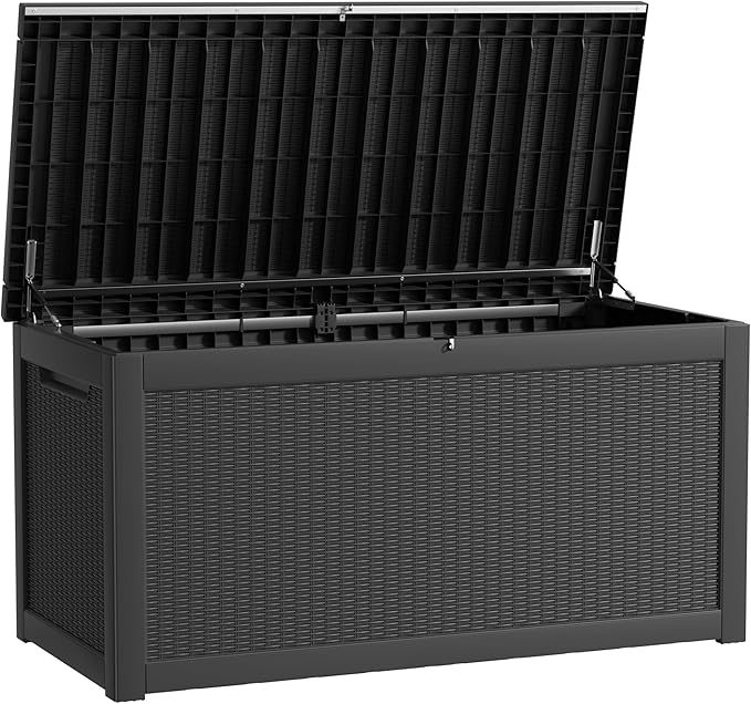 260 Gallon Waterproof Outdoor Storage Box, UV Resistant Resin Deck Box with Hydraulic Rod for Reinforced Stability, Perfect for Patio, Garden, and Pool, Striped Black