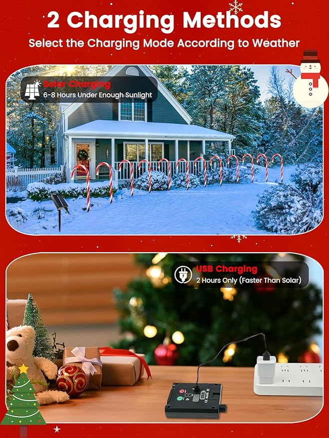 Upgraded 24 Pack Candy Cane Solar Christmas Lights Waterproof, Rechargeable Pathway Lights with Remote, Solar Powered & USB Charging Christmas Decorations Outdoor for Garden Lawn Yard Party