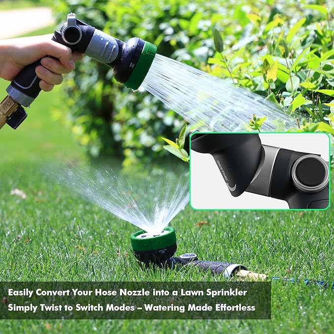 RESTMO 2-IN-1 Garden Hose Nozzle, Heavy Duty Metal Water Hose Nozzle with 4 Spray Patterns, Magic Twist and Thumb Flow Control, Ideal for Watering Plants & Lawns, Washing Cars & Pets, Green