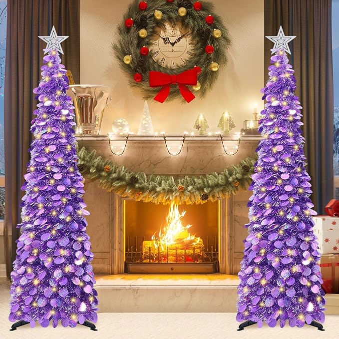HMASYO 5 FT Pop Up Christmas Tree with Timer Lights, Purple Christmas Tinsel Tree, Collapsible Artificial Pencil Christmas Tree for Indoor Home Apartment Porch Holiday Party Decorations