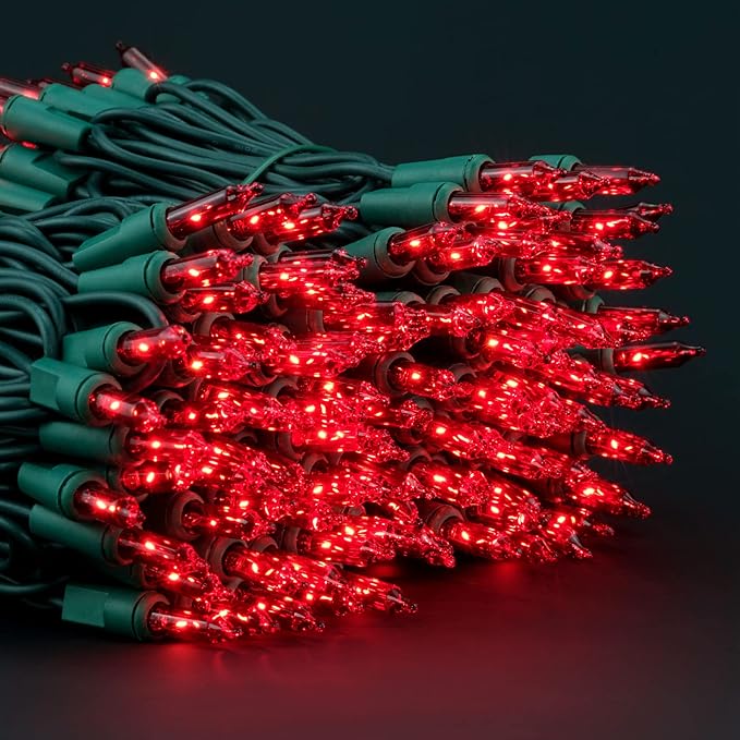 YULETIME 200 Red Christmas Lights, Pack of 2 Strands of 21 ft 100 Count UL Certified Incandescent Mini String Light (Red - Green Wire)