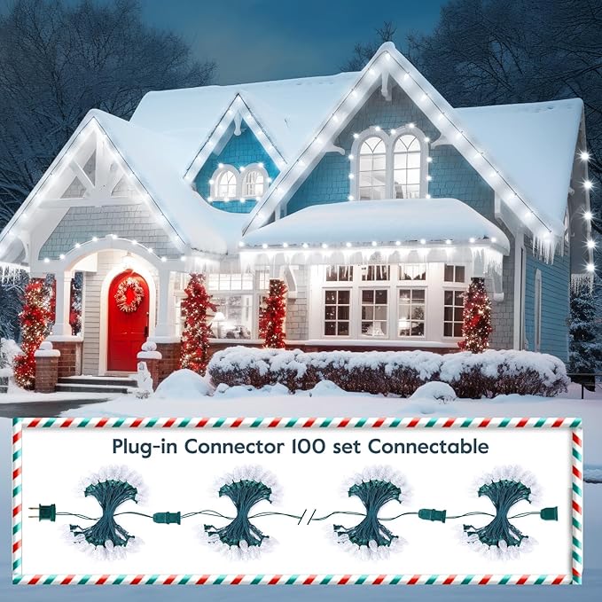 Brightown 2 Pack White C9 LED Christmas Lights Outdoor, 33ft 50 LED Waterproof Strawberry String Lights, Plug-in Extendable Green Wire Lights String for Outdoor Indoor Patio Party Decoration