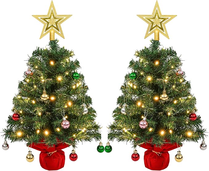 Uten Mini Christmas Tree Small Christmas Balls 56Pcs, Treetop Star 50 LED Waterproof Battery Box with Red Cement Base Double Green Christmas Tree Christmas Decorations for Home, Office, Party