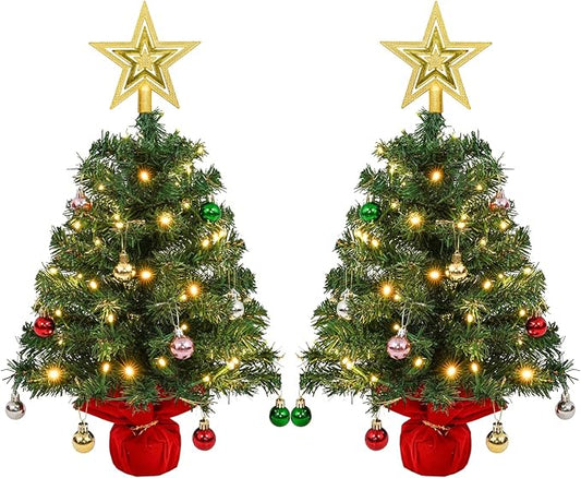 Uten Mini Christmas Tree Small Christmas Balls 56Pcs, Treetop Star 50 LED Waterproof Battery Box with Red Cement Base Double Green Christmas Tree Christmas Decorations for Home, Office, Party