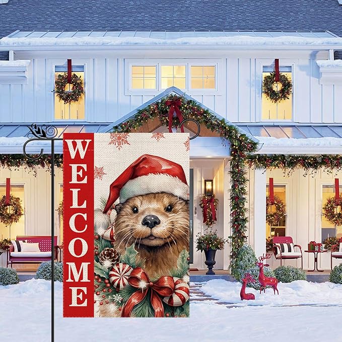Christmas Garden Flag Welcome Xmas Otter Winter Holiday Decorations Burlap Vertical Double Sided Farmhouse Yard Lawn Outdoor Decor 12.5 x 18 Inch