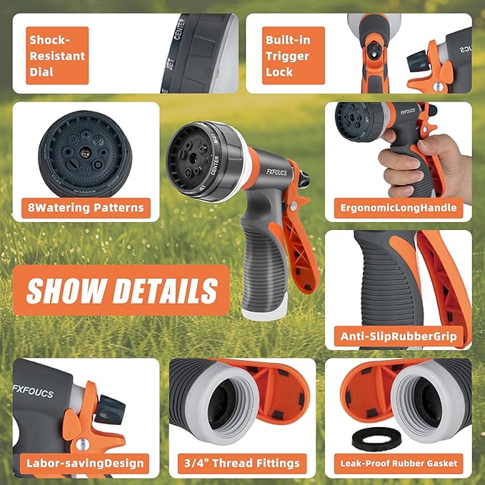 Garden Hose Nozzle Sprayer– this high heavy-duty spray nozzle offer 8 watering patterns for watering plants, lawns & gardens, washing cars, household cleaning and showering pets. (Grey Orange)